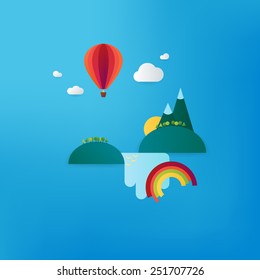 Minimalistic travel vacation landscape with balloon, waterfall and mountains. Material design. Landscape background. Mountains flat background. Flat landscape. Flat balloon. Flat rainbow. Nature image