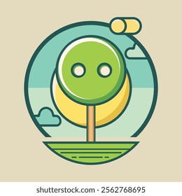 Minimalistic Tree Illustration with Abstract Sun and Grass - Simple Vector Art