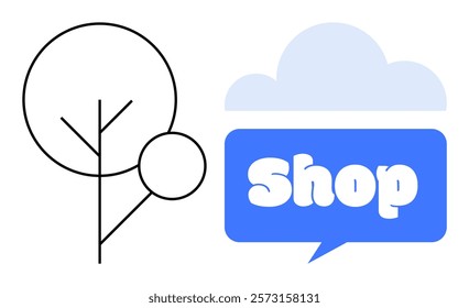 A minimalistic tree outline beside a blue speech bubble labeled shop with a cloud on top. Ideal for eco-friendly stores online shopping digital marketing environmental awareness and business