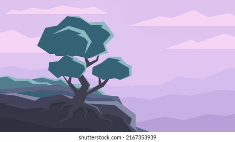 Minimalistic tree stands on cliff. Flat horizontal landscape illustration on pink sunset sky background.