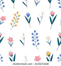 Minimalistic trendy flowers seamless pattern on white background. Elegant botanical wallpaper. Flat vector illustration.