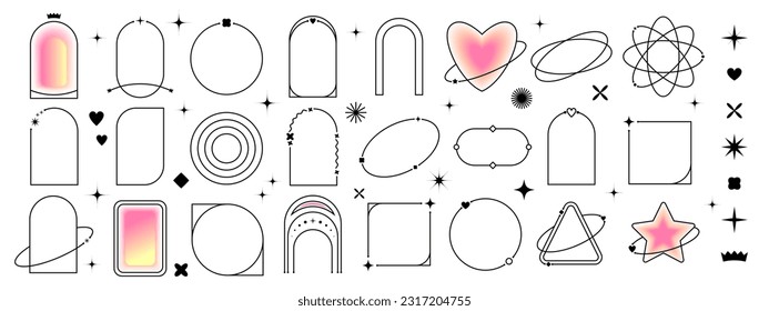 Minimalistic trendy linear frames, modern aesthetics elements with stars and geometric shapes. Set of simple decorative borders with an arch frames and sparkles. Simple boho decorative vector set.