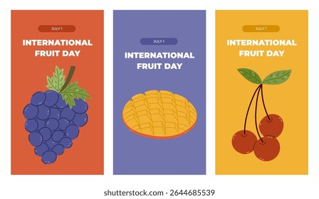Minimalistic trendy set of stories for International Fruit Day with cartoon clipart with tropical fruits. Colorful greeting concept banner with grape, cut mango, cherries for social media.