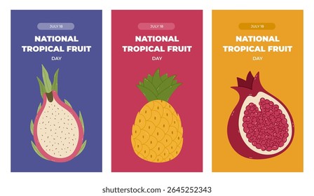 Minimalistic trendy set of stories for National Tropical Fruit Day with cartoon clipart of exotic fruits. Colorful greeting concept banner with dragon fruit, pineapple, pomegranate for social media