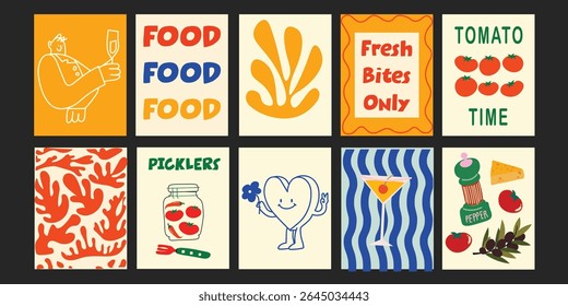 Minimalistic Trendy summer designs combining fun typography with delicious produce – strawberries, tomatoes, broccoli, and more – ideal for social media or poster templates.

