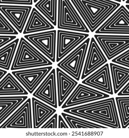 Minimalistic triangles background. Big shape size. Multiple repeated inner triangles. Black and white style. Repeatable pattern. Modern vector tiles. Seamless vector illustration.