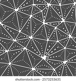 Minimalistic triangles background. Multiple repeated inner triangles. Large shape size. Black and white style. Seamless pattern. Modern vector tiles. Trending vector illustration.