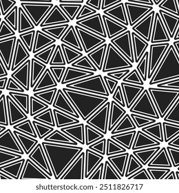 Fundo de triângulos minimalistas. Formas sólidas arredondadas em quadros. Tamanho de triângulos médios. Estilo preto e branco. Padrão repetido. Ladrilhos vetoriais modernos. Ilustração de vetor uniforme.