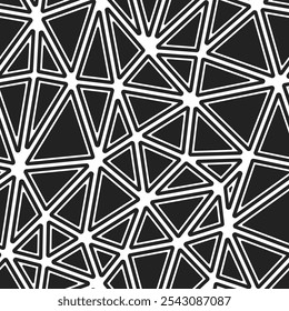 Minimalistic triangles background. Rounded solid shapes in frames. Large triangles size. Black and white style. Repeatable pattern. Modern vector tiles. Seamless vector illustration.