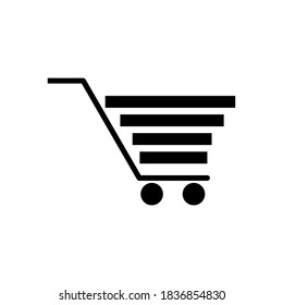 Minimalistic trolley icon vector with black boxes of 3 four pieces of fruit held in black on white background. Year-end discount. New Year 2021.