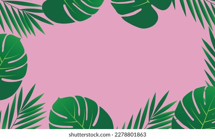 Minimalistic tropical background with palm leaves on pink background	