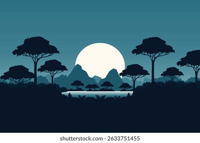 minimalistic tropical landscape with tree silhouettes and mountain view in dark blue tones vector illustration.