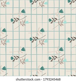 Minimalistic tulip flower seamless pattern. Light grey background with check. Turquoise botanic elements. Decorative backdrop for wallpaper, textile, wrapping paper, fabric print. Vector illustration.