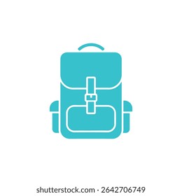 Um design de contorno minimalista turquesa mostra um ícone de mochila de viagem definido contra um fundo branco limpo, ideal para simbolizar aventuras e desejo errante.