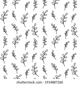 Minimalistic twigs. Simple black and white seamless vector pattern in doodle style. 