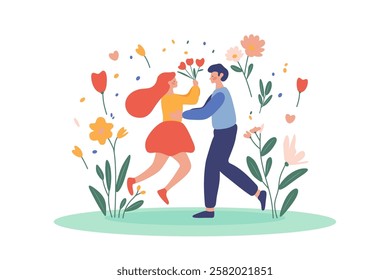 minimalistic UI illustration with a guy and a girl in a festive atmosphere with flowers for the holiday of March 8