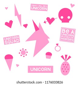 Minimalistic unicorn set. It can be used for sticker, badge, card, patch, phone case, poster, t-shirt, mug etc.