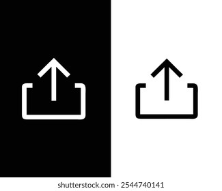 Minimalistisches Upload-Symbol auf geteiltem schwarz-weißem Hintergrund, das die Datenübertragung oder -freigabe symbolisiert. Ideal für Technologie- oder Software-Themen.