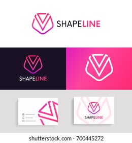 Minimalistic V letter shield logo sign linear design.