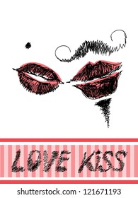 Minimalistic Valentine greetings card with hand drawn kissing lips.