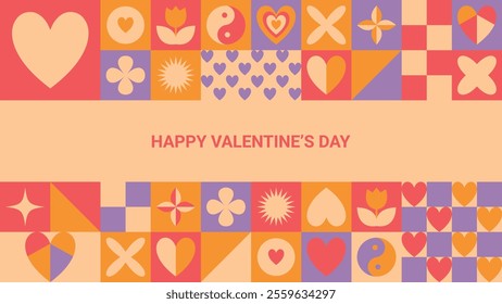 Minimalistic Valentine's Day Banner. Abstract Background with Trendy Geometric Icons, Simple Shapes, Hearts, Stars. Vector