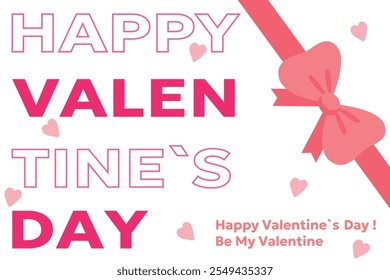 Minimalistic Valentines Day card design with bold pink text, bow decoration, and heart. Trendy Valentines Day greeting card. Festive banner, sale poster, social media or template