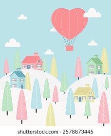 Minimalistic Valentine's Day card. Village with houses and flying hot air balloon. Vector flat illustration