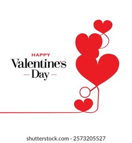 A minimalistic Valentine's Day greeting card featuring an elegant design of red hearts connected by a decorative flowing line. The text "Happy Valentine's Day" is styled in a modern font, placed again