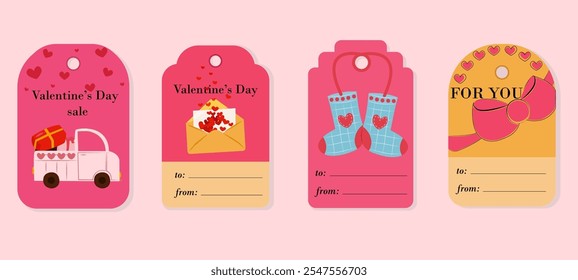 Minimalistic Valentine's Day labels or tags for gifts with funny illustrations of love, car with gifts, socks, envelope with love message. Design of vector printable stickers for marking gifts 