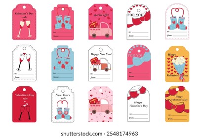 Minimalistic Valentine's Day labels or tags for gifts with fun illustrations of  love, love cupcakes, bows, car with gifts. Design of vector printable stickers for marking gifts for February 14th