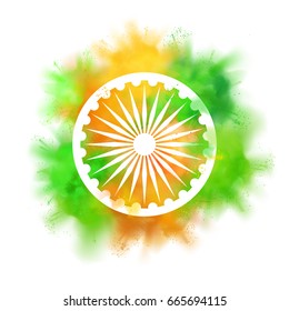 Minimalistic vector background with Indian Ashoka wheel white silhouette on realistic green and saffron powder paint clouds