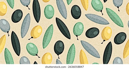 Minimalistic vector background of olives and leaves, seamless pattern, banner