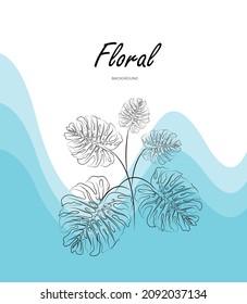 Minimalistische Vektorbanner mit Blättern Monstera und blau glänzenden Linien auf weißem Hintergrund