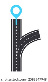 Minimalistic vector of a black road with a location pin icon in blue. The road has a fork, representing navigation, direction, or decision-making. White background. Vector illustration