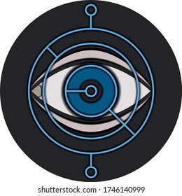Minimalistic vector blue eye icon on a black circle background. Pictogram, future, technology, passport, chipping. Logo or picture for website. Scanning people, retina identification. EPS 10
