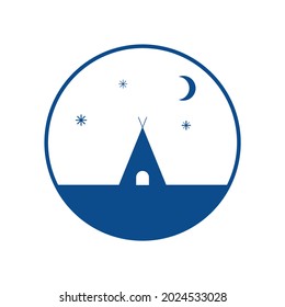 Icono de tienda azul vector minimalista en un círculo.  Amanecer y luna en el cielo. Concepto de viajes. Se puede usar como emblema.