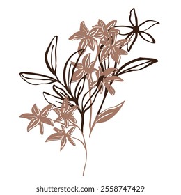 Minimalistic vector botanical illustration. bouquet with hand drawn flowers and leaves in mocha and brawn outlines. line art and silhouettes, emphasizing natural, organic beauty in a modern style