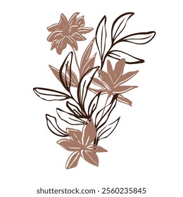 Minimalistic vector botanical illustration. hand drawn flowers and leaves in mocha and brawn outlines. line art and silhouettes, emphasizing natural, organic beauty in a modern style