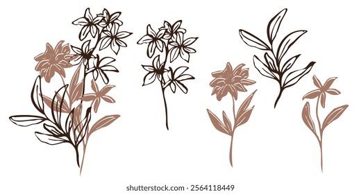 Minimalistic vector botanical illustration. hand drawn flowers and leaves in mocha and brawn outlines. line art and silhouettes, emphasizing natural, organic beauty in a modern style