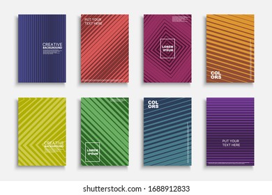 Minimalistic vector bright contemporary templates, posters, placards, brochures, banners, flyers, backgrounds and etc. Colorful gradient striped covers - trendy geometric vibrant design.