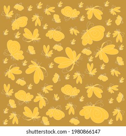 Minimalistische Vektorschmetterlinge. Textur im Stil der Abstraktion für den Druck auf Kleidung, Innendekoration und Druck. Ein Muster von Schmetterlingen mit weißer Umrisslinie auf goldenem Hintergrund.