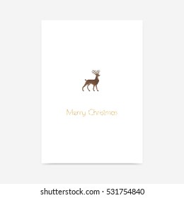 Minimalistic vector Christmas greeting card with small pixel deer and golden glitter text