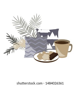 Minimalistic vector composition with cosy pillows, tea pot, cookies, and Christmas tree branches. Time to Hygge concept. Template for cards, scrapbooking, planners, notebooks, clothing prints