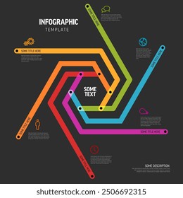 Minimalistic vector dark thick line six elements in hrxagon shapetemplate. Multipurpose infographic template with descriptions, icons, thick color  big numbers for aeach step of the procedure process