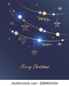 Minimalistic vector design with Christmas sparkling garland with decorations on the dark blue background