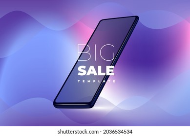 Minimalistisches Vektordesign mit Smartphone und glatten Linien und Großverkauf auf unscharfem, rosa und blauen Hintergrund