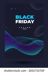 minimalistic vector design with wavy shapes and curve trin lines and lettering black friday on the dark backdrop