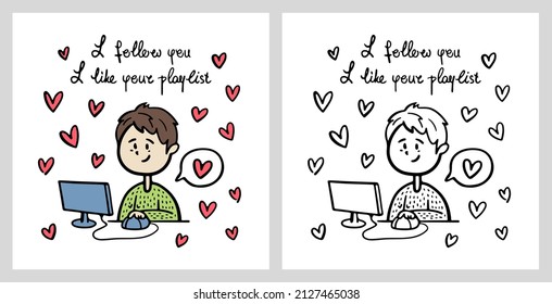 Minimalistic vector doodle logos with inscriptions in two color options. A cartoon guy at a computer looks through social networks, music, posts and blogs. Universal print, poster, illustration