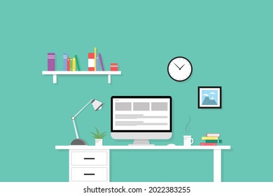 Minimalistic vector drawing of a computer on the desktop. The concept of workspace in the office or at home. Online training or work. Training courses via computer.