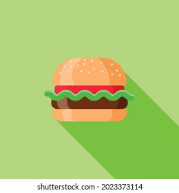 Minimalistic vector drawing of a hamburger with a long shadow on a green background.Fast food.